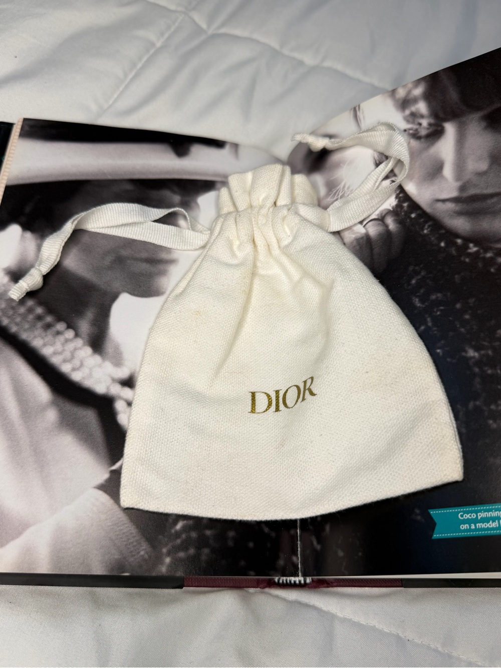 Dior Cream Drawstring Pouch with Gold Logo